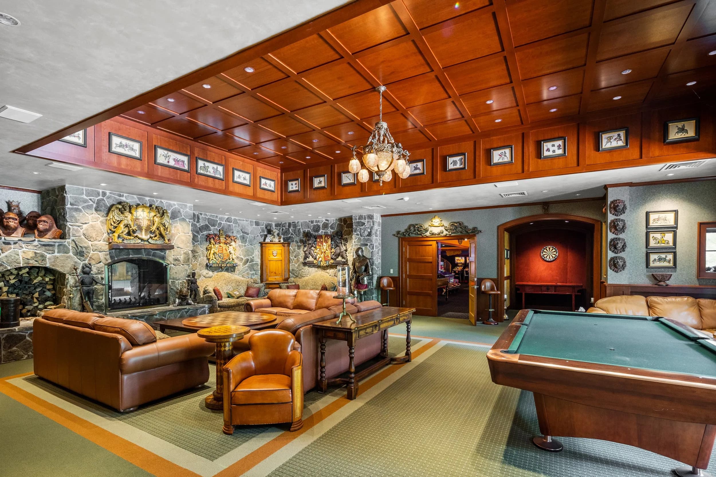 The billiards room beneath its coffered wooden ceiling