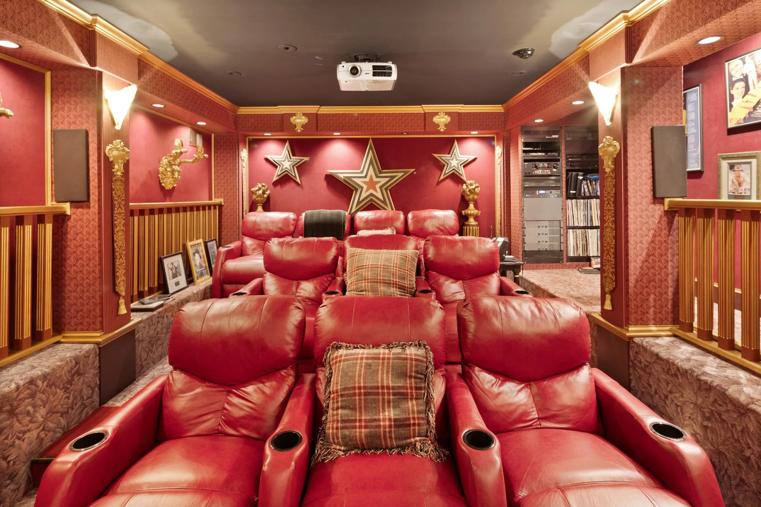 Ten leather recliners in the private theater of the Main House