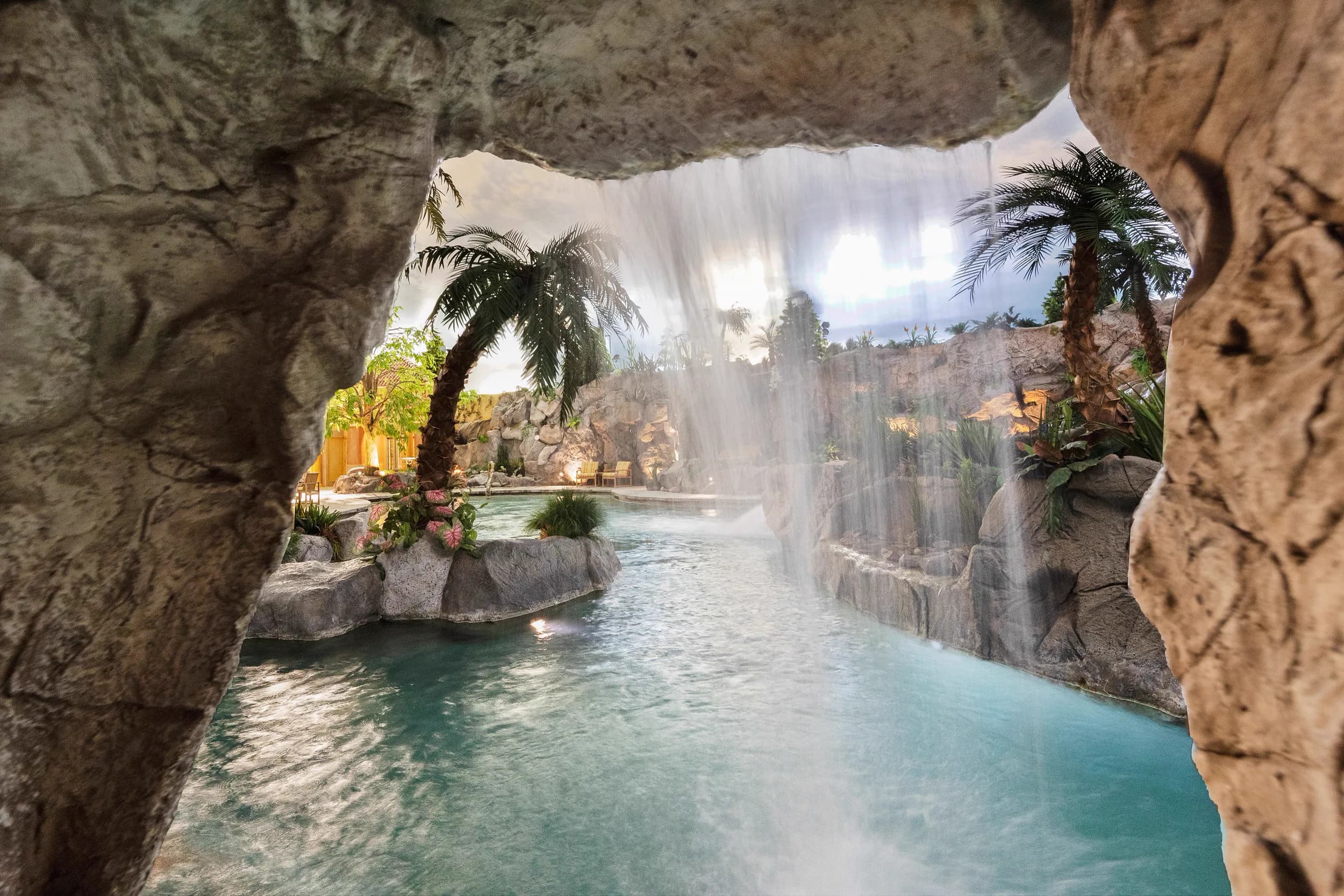 Cascading waterfall in the indoor water park