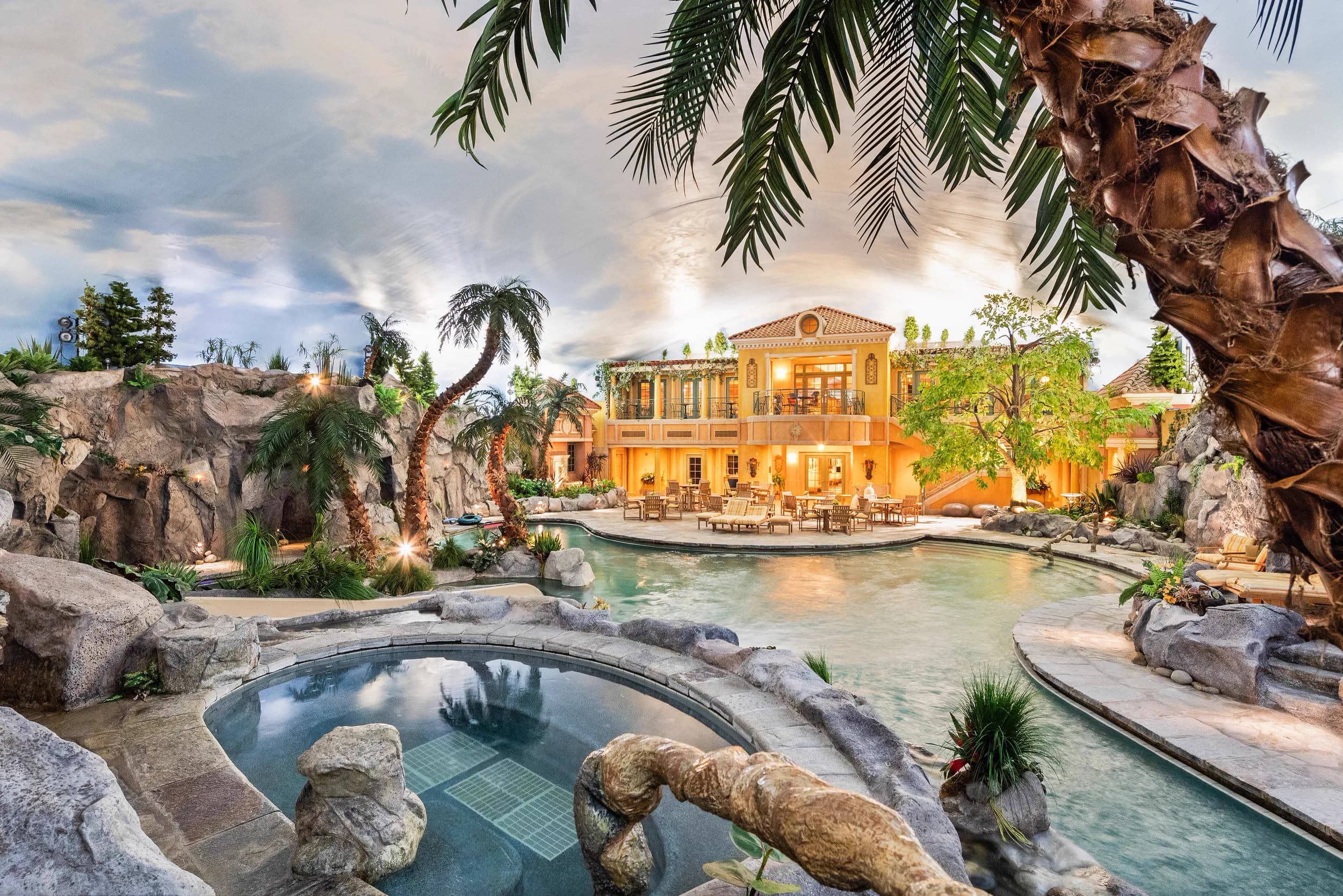 The 10-person hot tub cove set into the rocks of the indoor water park