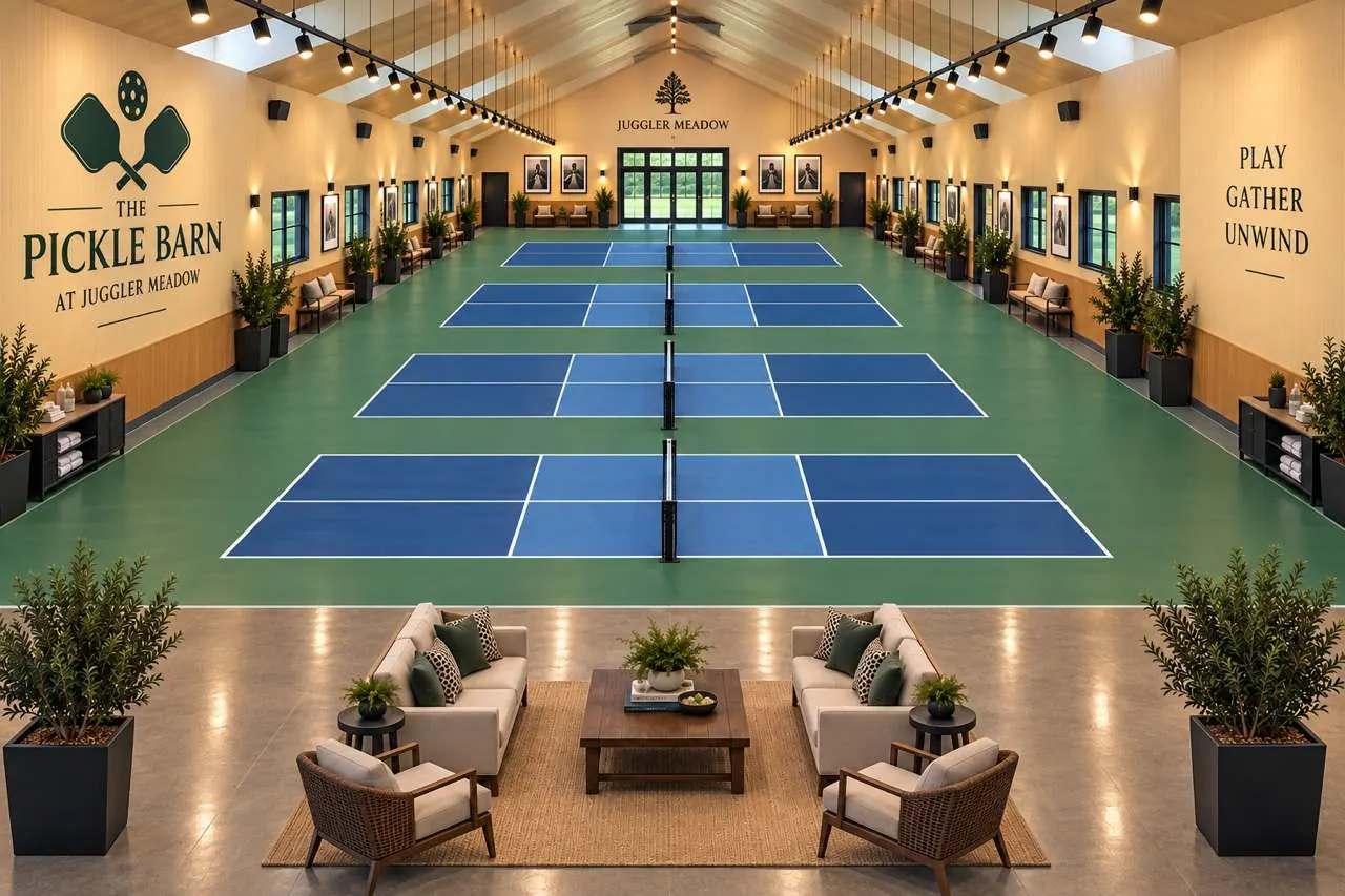Concept of The Pickle Barn at Juggler Meadow, an indoor pickleball hall still being built.