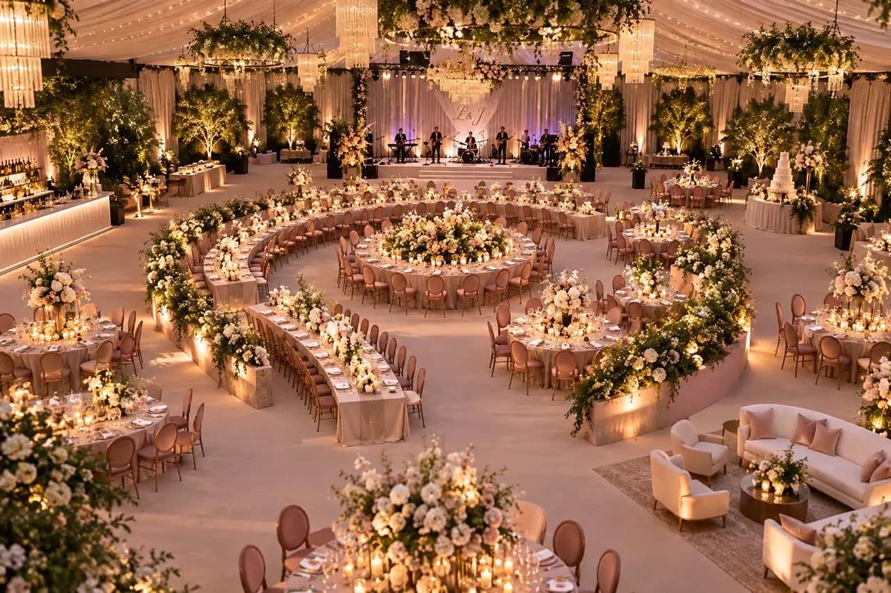 Concept of a banquet layout for the indoor court as a reception, with a stage at the far end. Still being built.