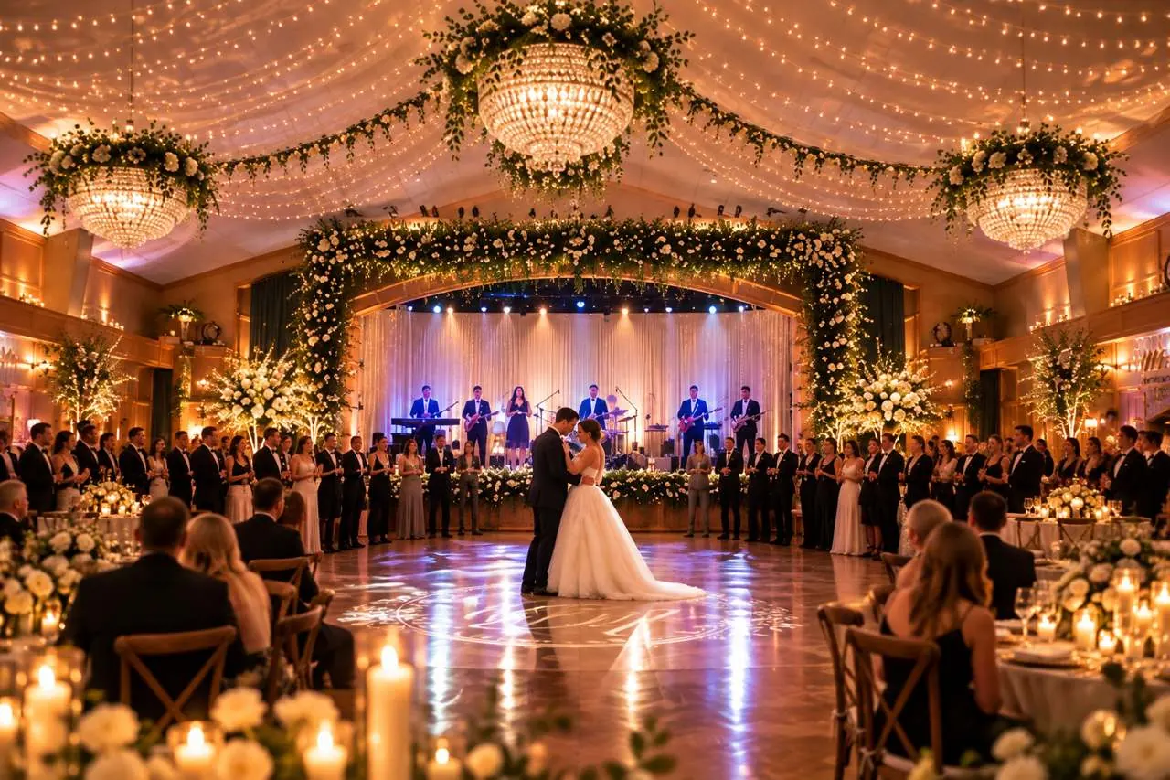 Concept of the indoor tennis court transformed into a reception, with a dance floor and a stage. Still being built.