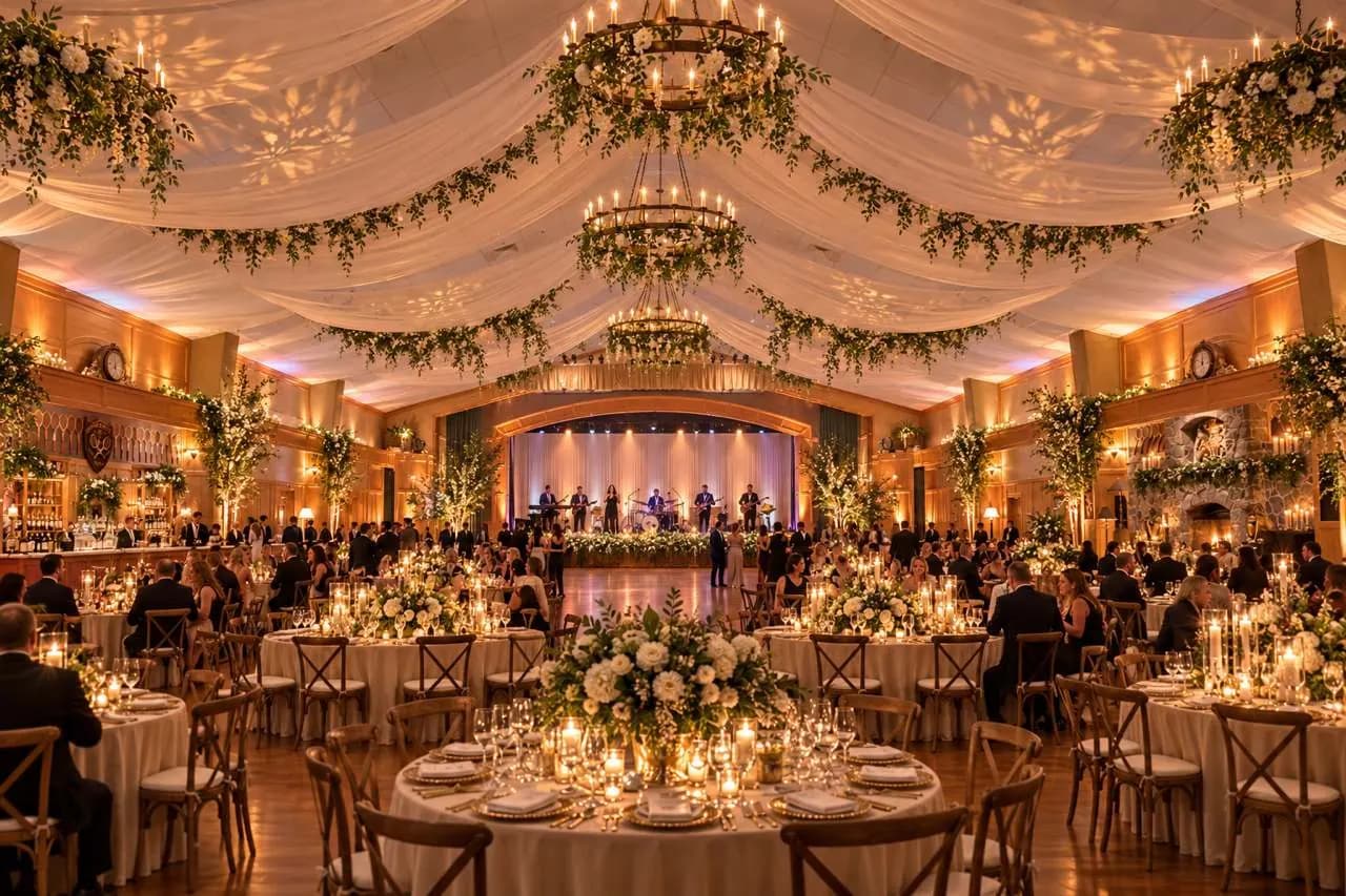 Concept of the indoor tennis court set as a reception, seen across the dining tables toward the stage. Still being built.