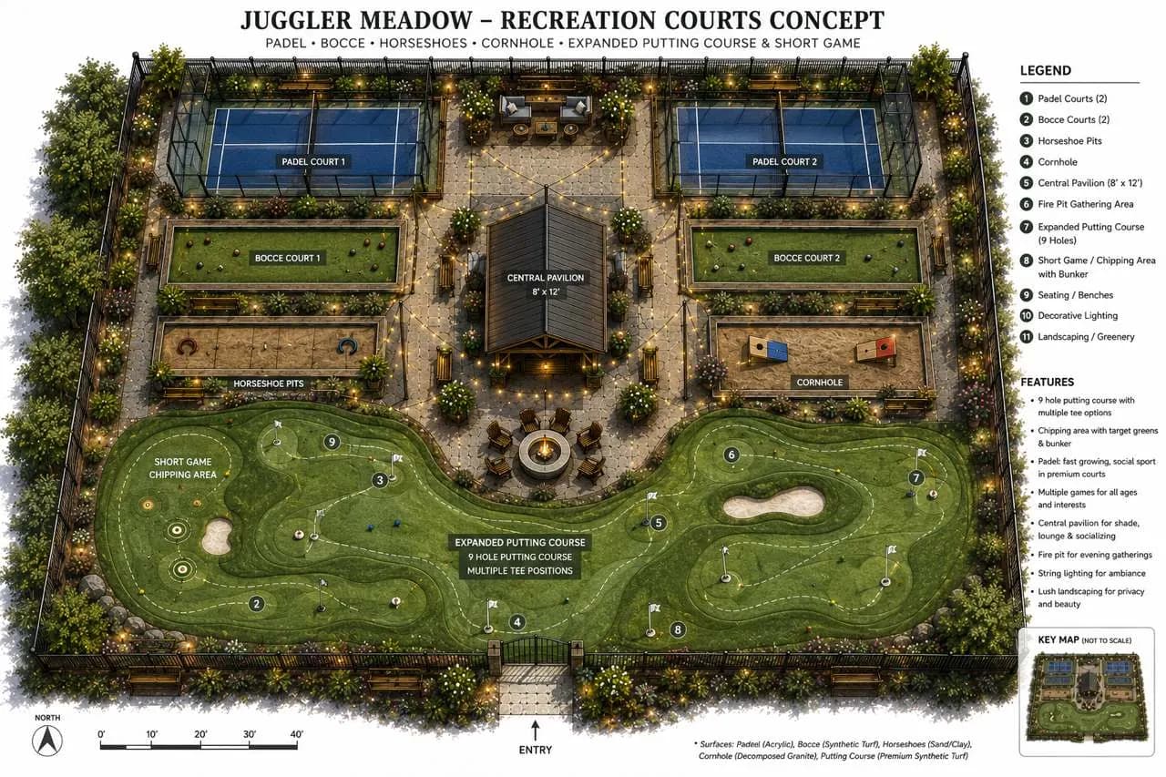 Concept plan for the sports garden at the clubhouse, titled Juggler Meadow Recreation Courts Concept. Still being built.