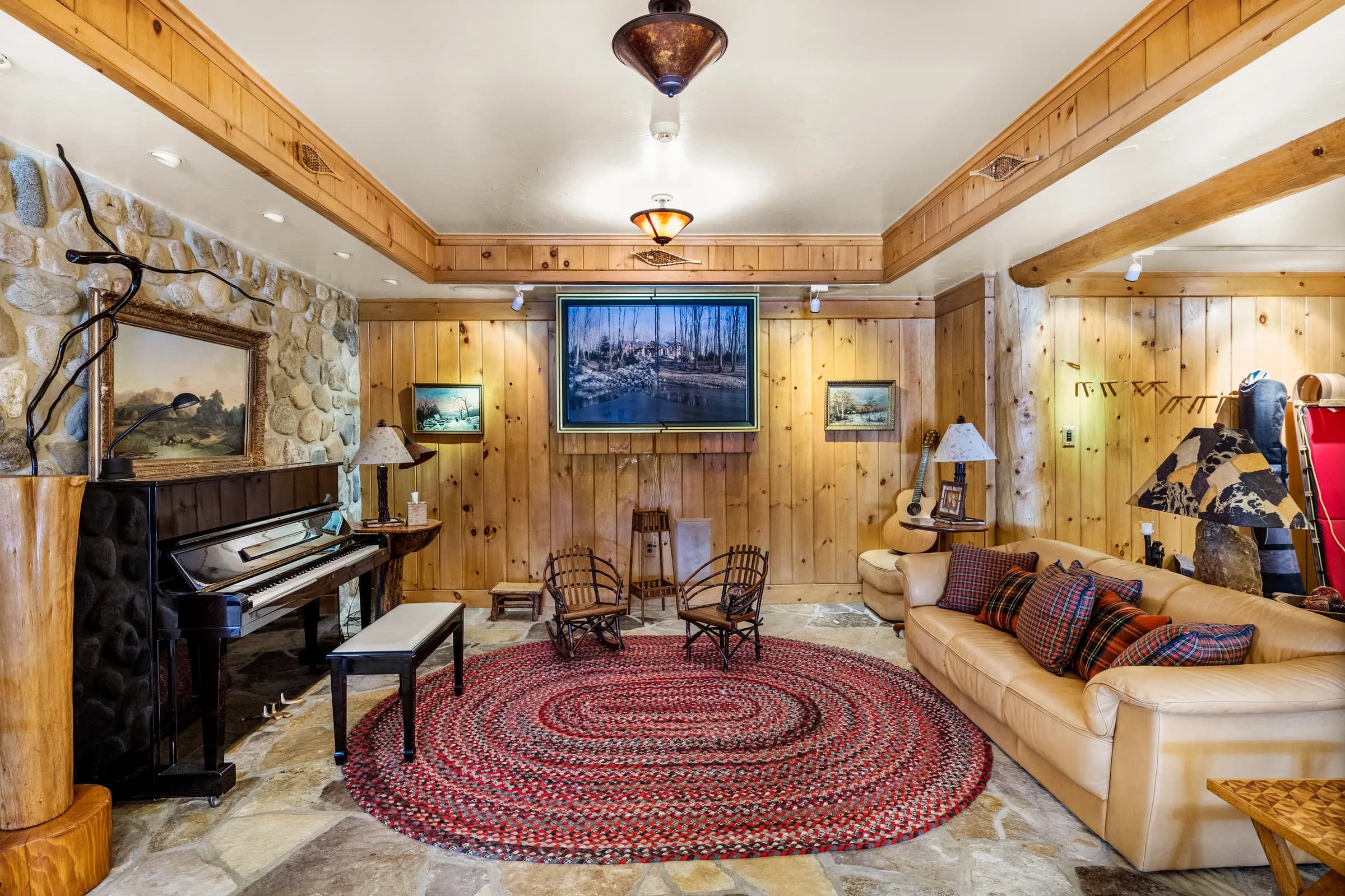 The piano lounge on The Lodge's lower level
