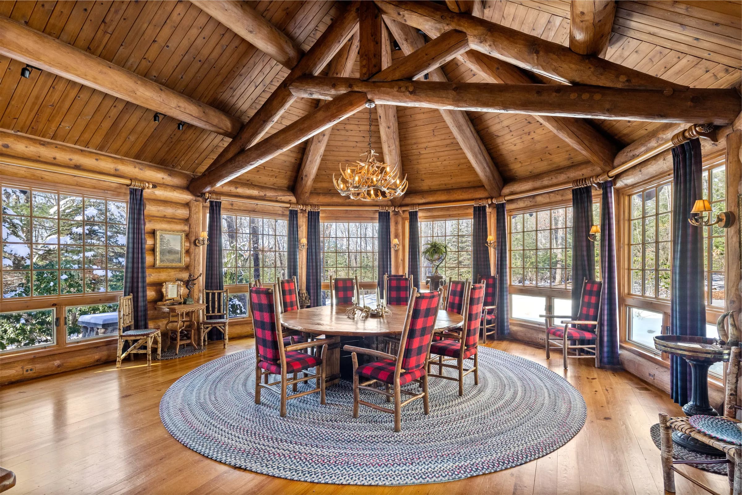 The octagonal dining room of The Lodge, ringed by windows