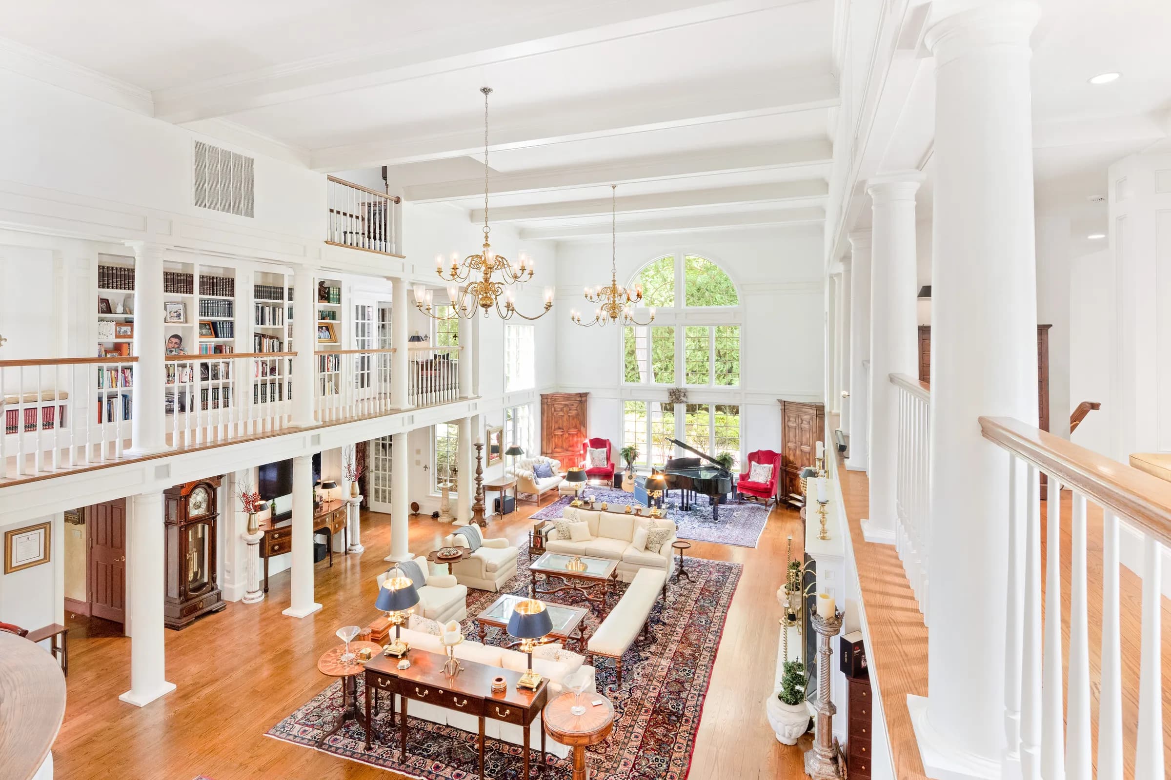 The great room seen from the library balcony above